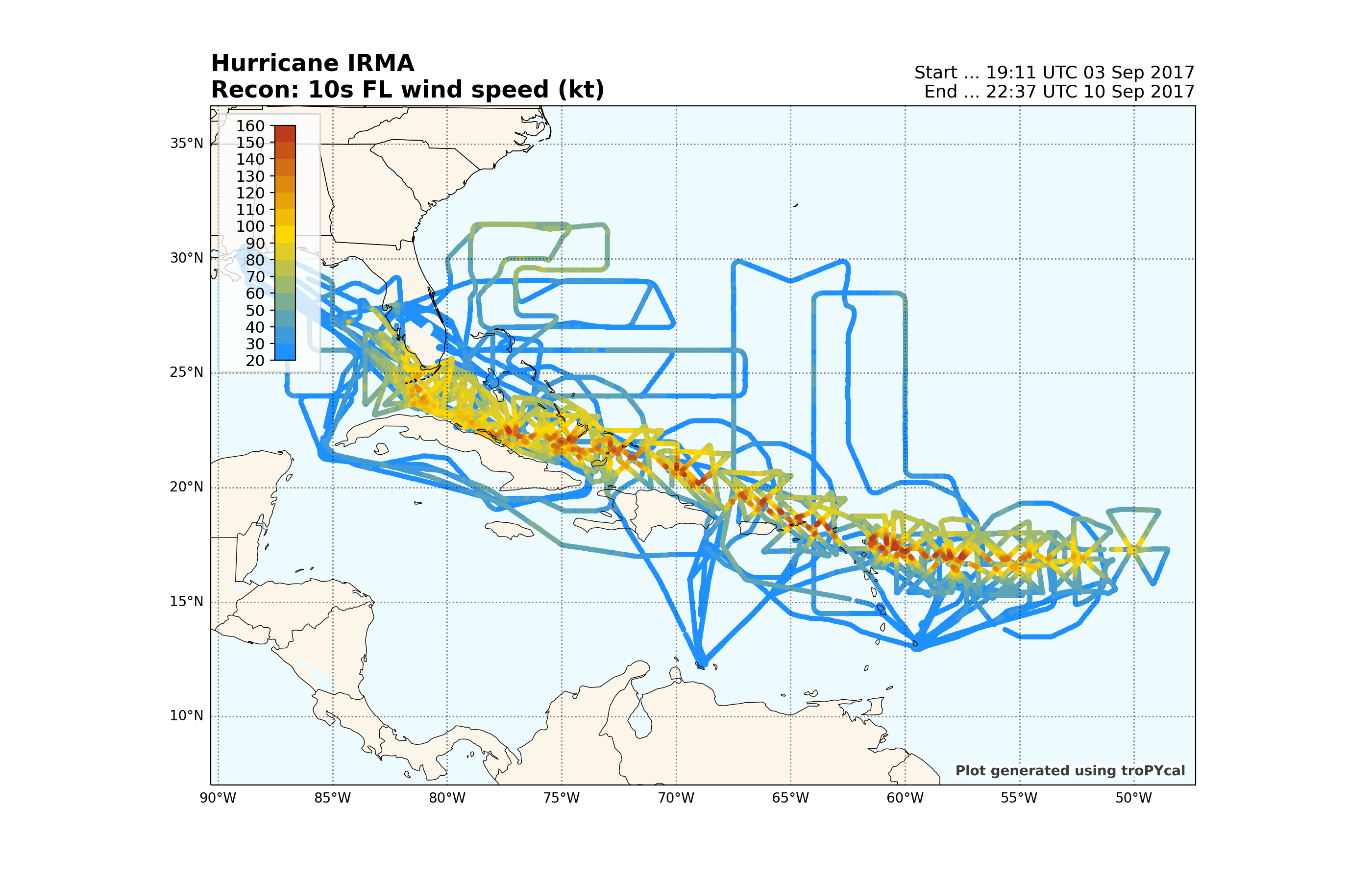 Hurricane IRMA Recon: 10s FL wind speed (kt), Start ... 19:11 UTC 03 Sep 2017 End ... 22:37 UTC 10 Sep 2017