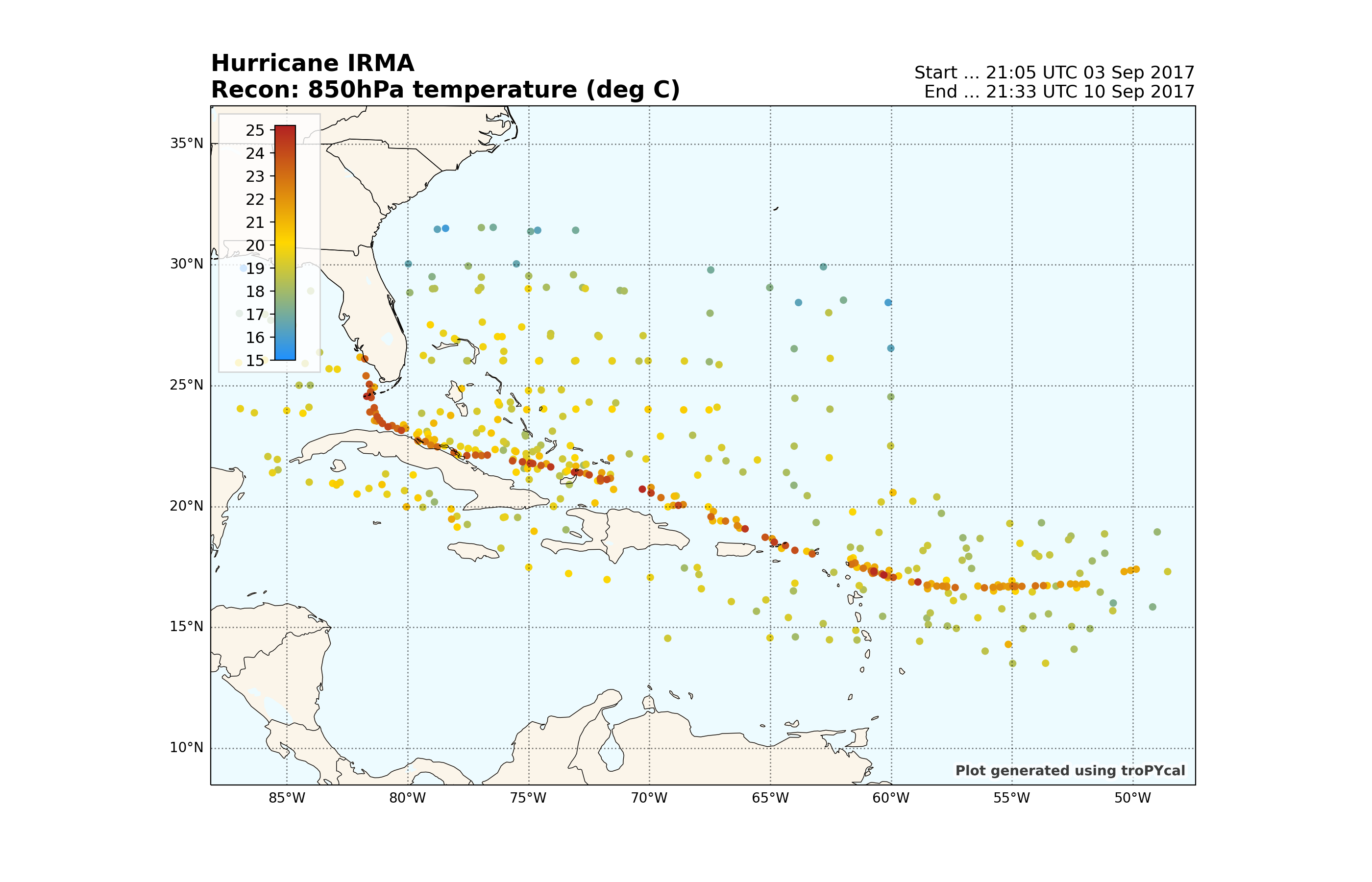 Hurricane IRMA Recon: 850hPa temperature (deg C), Start ... 21:05 UTC 03 Sep 2017 End ... 21:33 UTC 10 Sep 2017