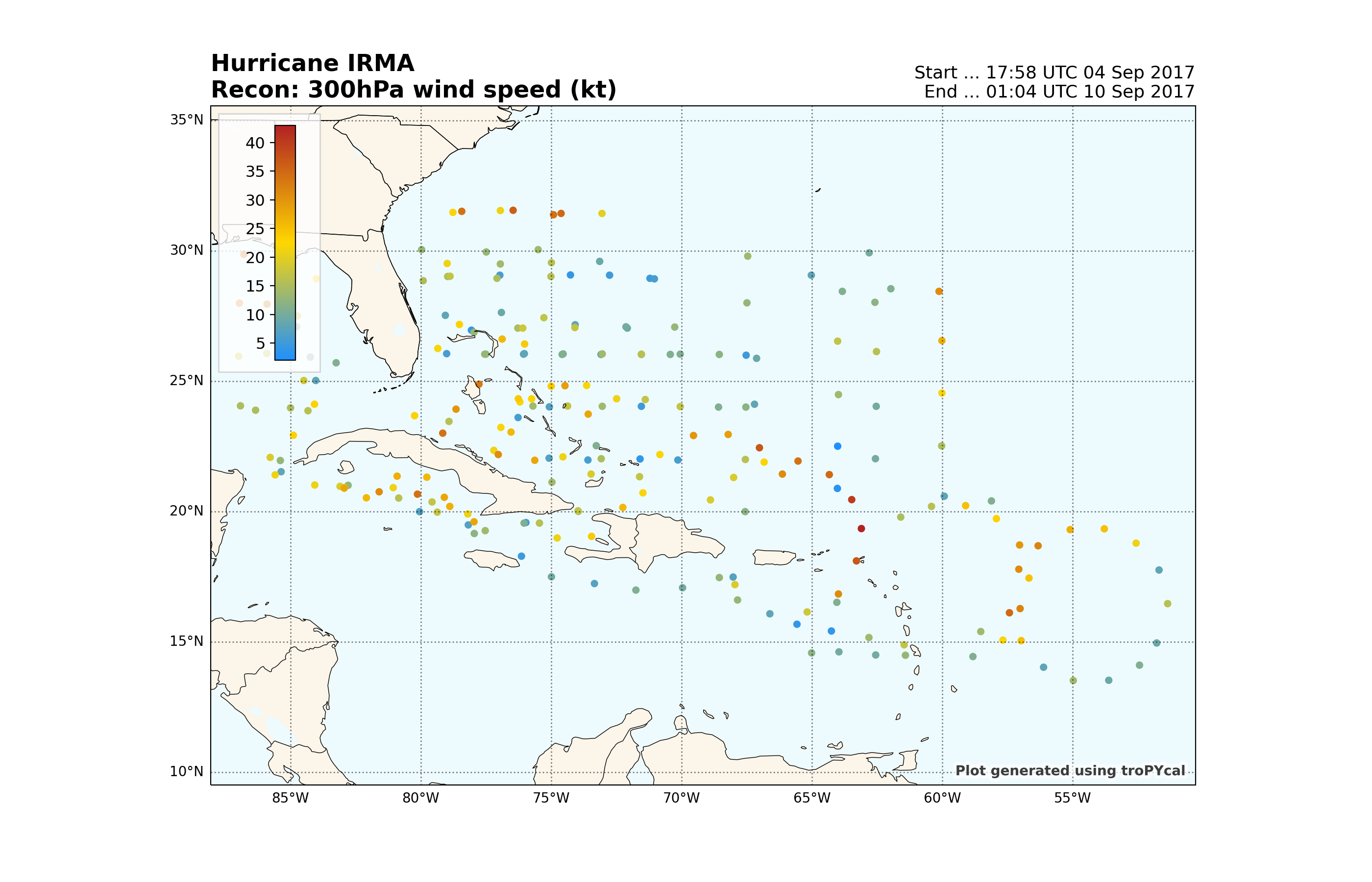 Hurricane IRMA Recon: 300hPa wind speed (kt), Start ... 17:58 UTC 04 Sep 2017 End ... 01:04 UTC 10 Sep 2017