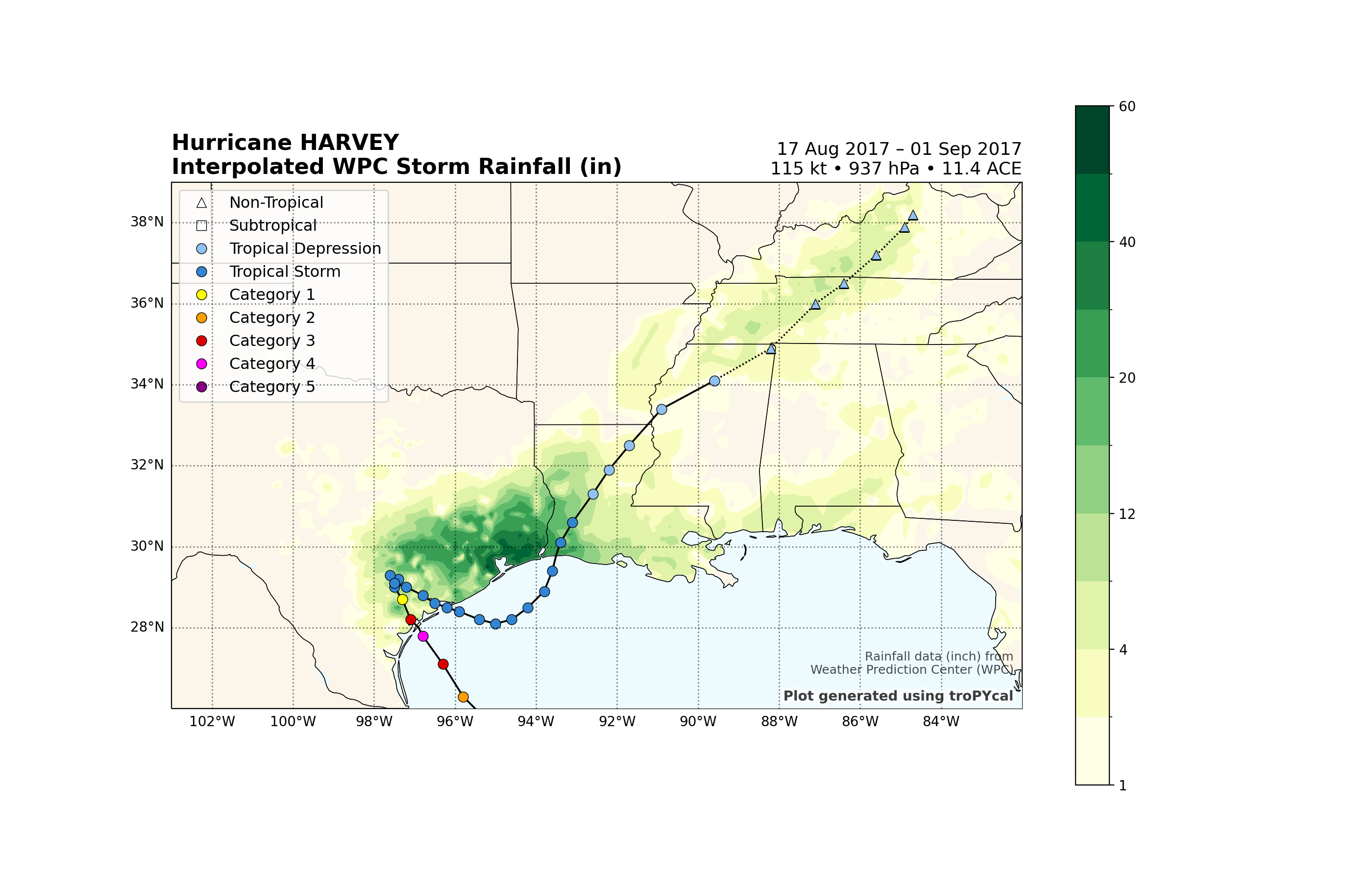 Hurricane HARVEY Interpolated WPC Storm Rainfall (in), 17 Aug 2017 – 01 Sep 2017 115 kt • 937 hPa • 11.4 ACE