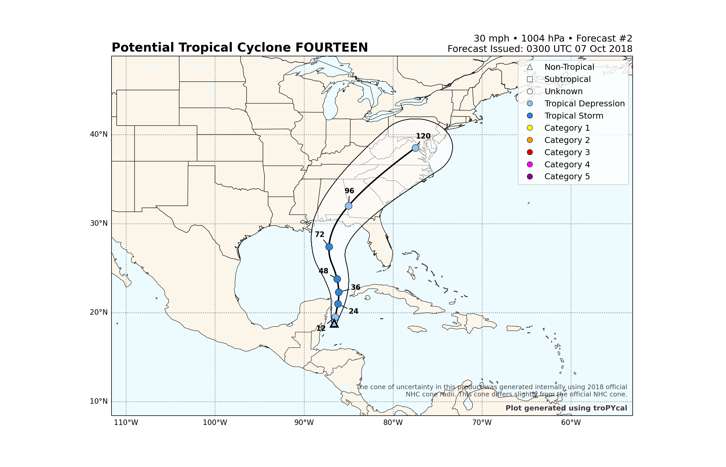 Potential Tropical Cyclone FOURTEEN, 30 mph • 1004 hPa • Forecast #2 Forecast Issued: 0300 UTC 07 Oct 2018