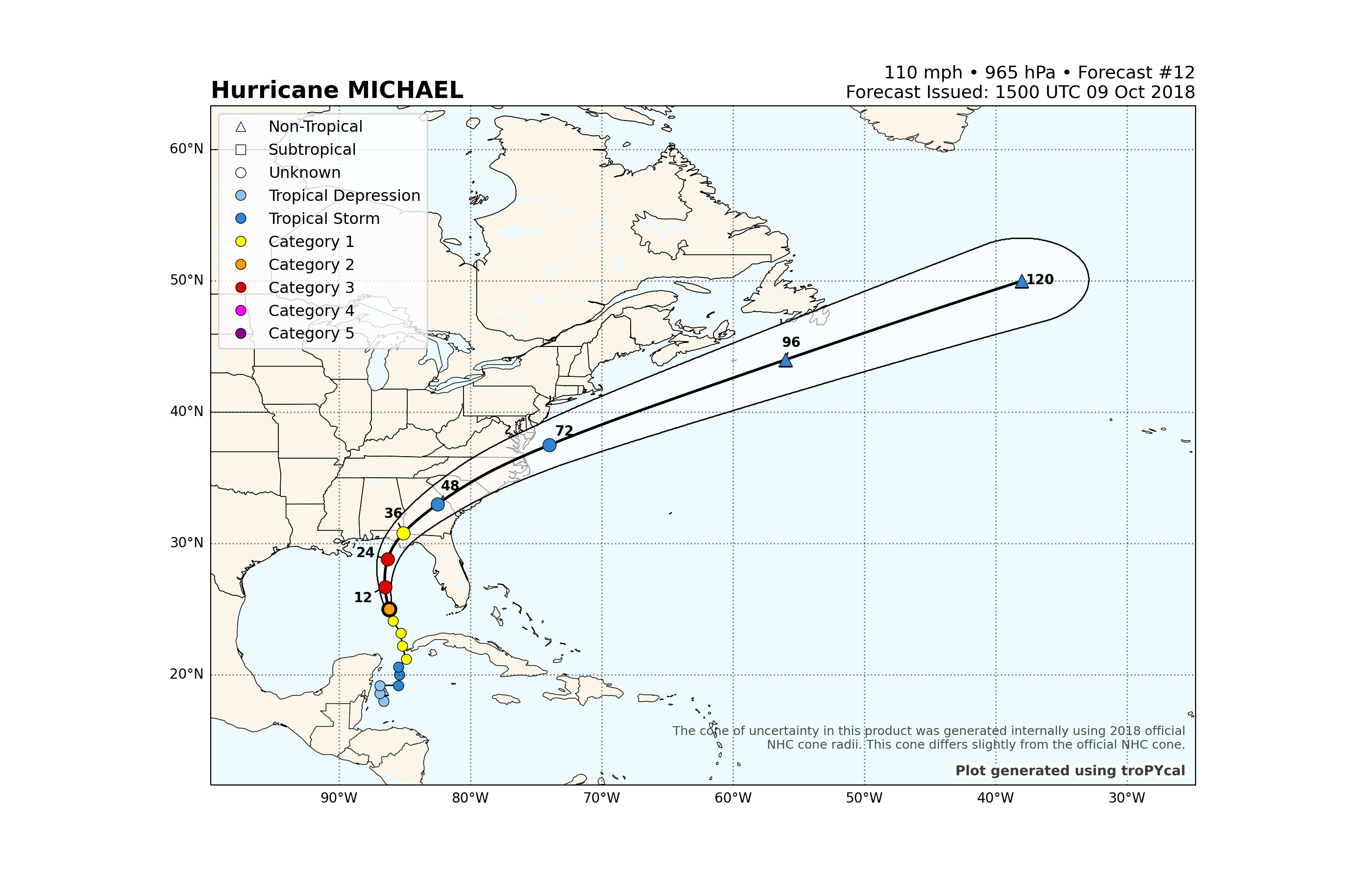 Hurricane MICHAEL, 110 mph • 965 hPa • Forecast #12 Forecast Issued: 1500 UTC 09 Oct 2018
