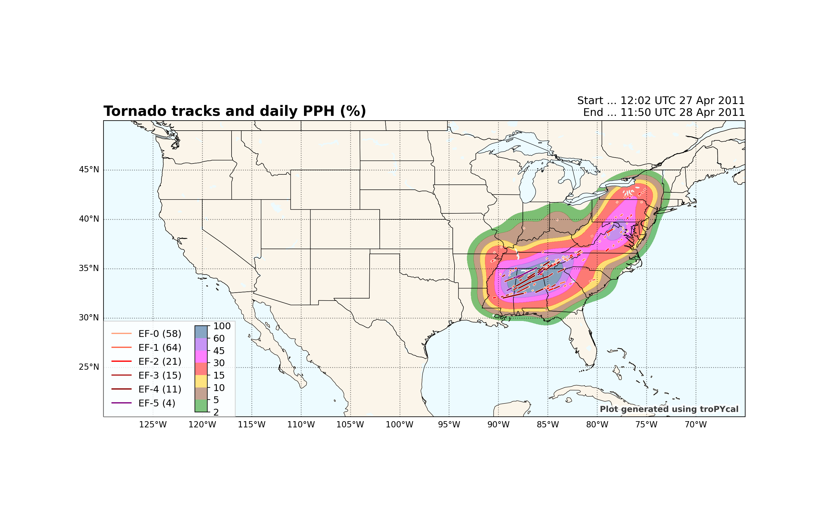 Tornado tracks and daily PPH (%), Start ... 12:02 UTC 27 Apr 2011 End ... 11:50 UTC 28 Apr 2011